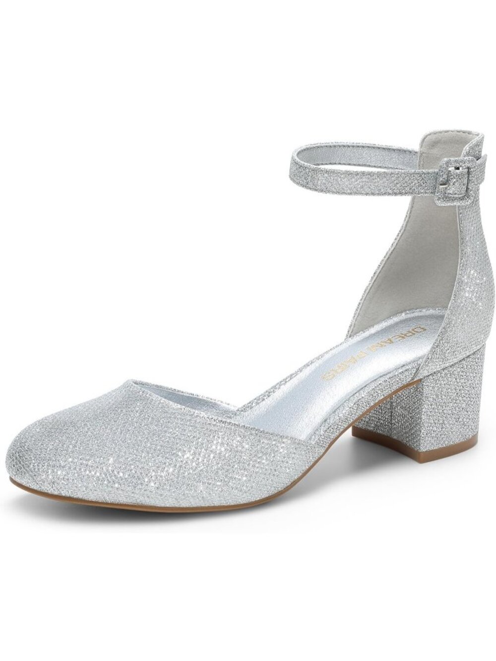 Women's Sliver Closed Round Toe Ankle Strap Low Chunky Block Heels Pumps Shoes
